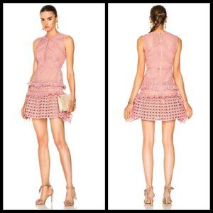 💕SELF-PORTRAIT💕 Crosshatch Frill Mini Dress ~ Guipure Lace Pink US 4 NWT
